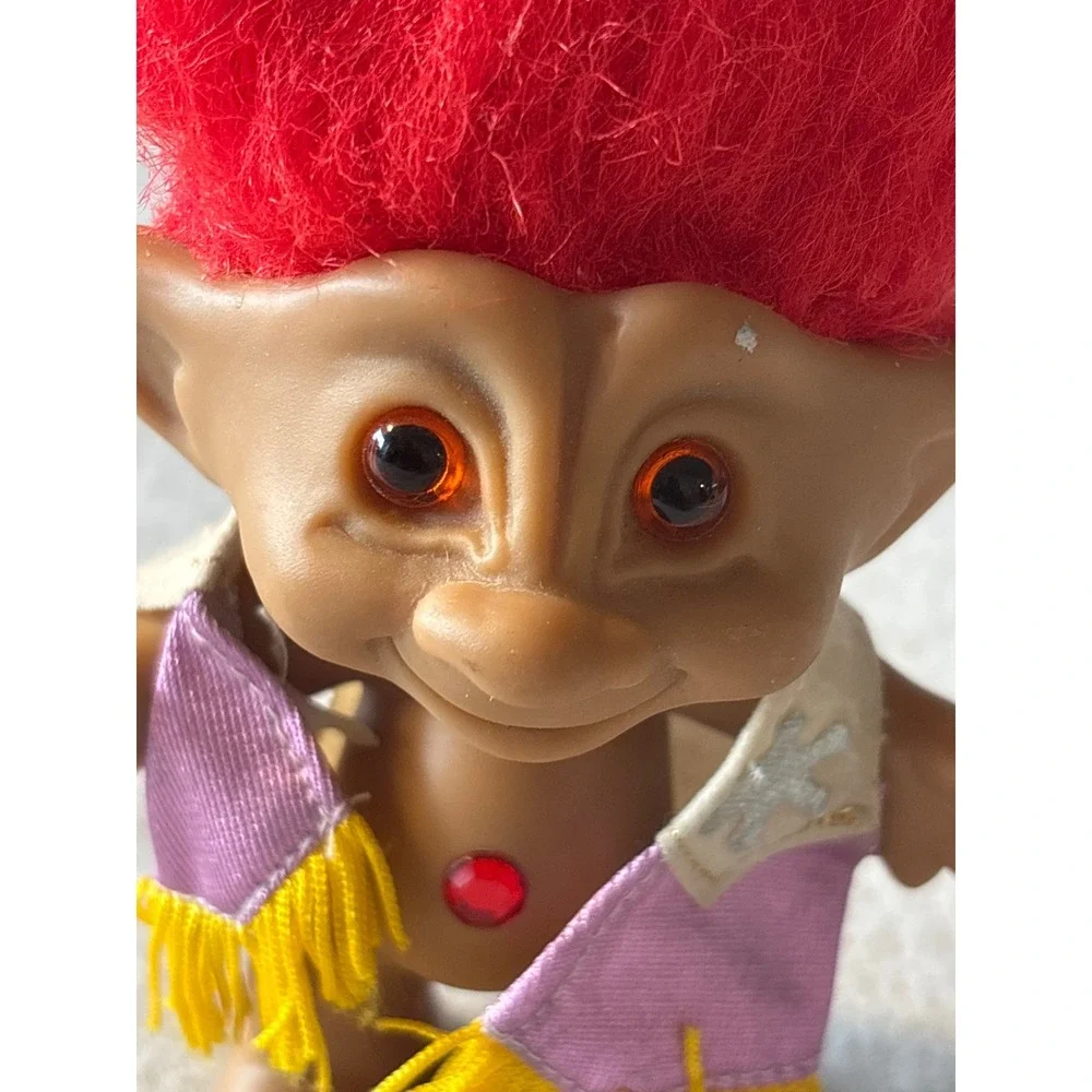Vintage Ace Novelty Troll Doll Red Hair Brown Skin Purple Vest‎ Gemstone